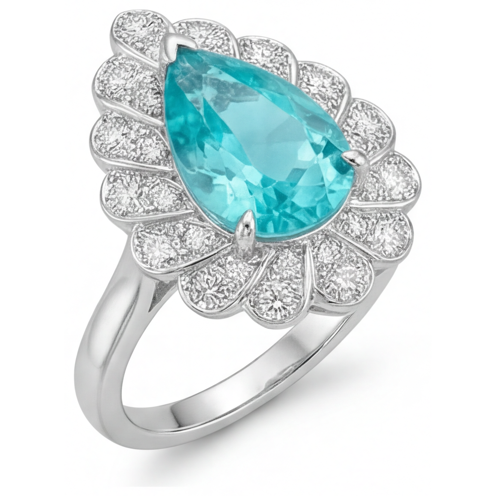 Neon Paraiba Tropfen-Schliff Halo-Ring in 14K Weißgold – Frontansicht