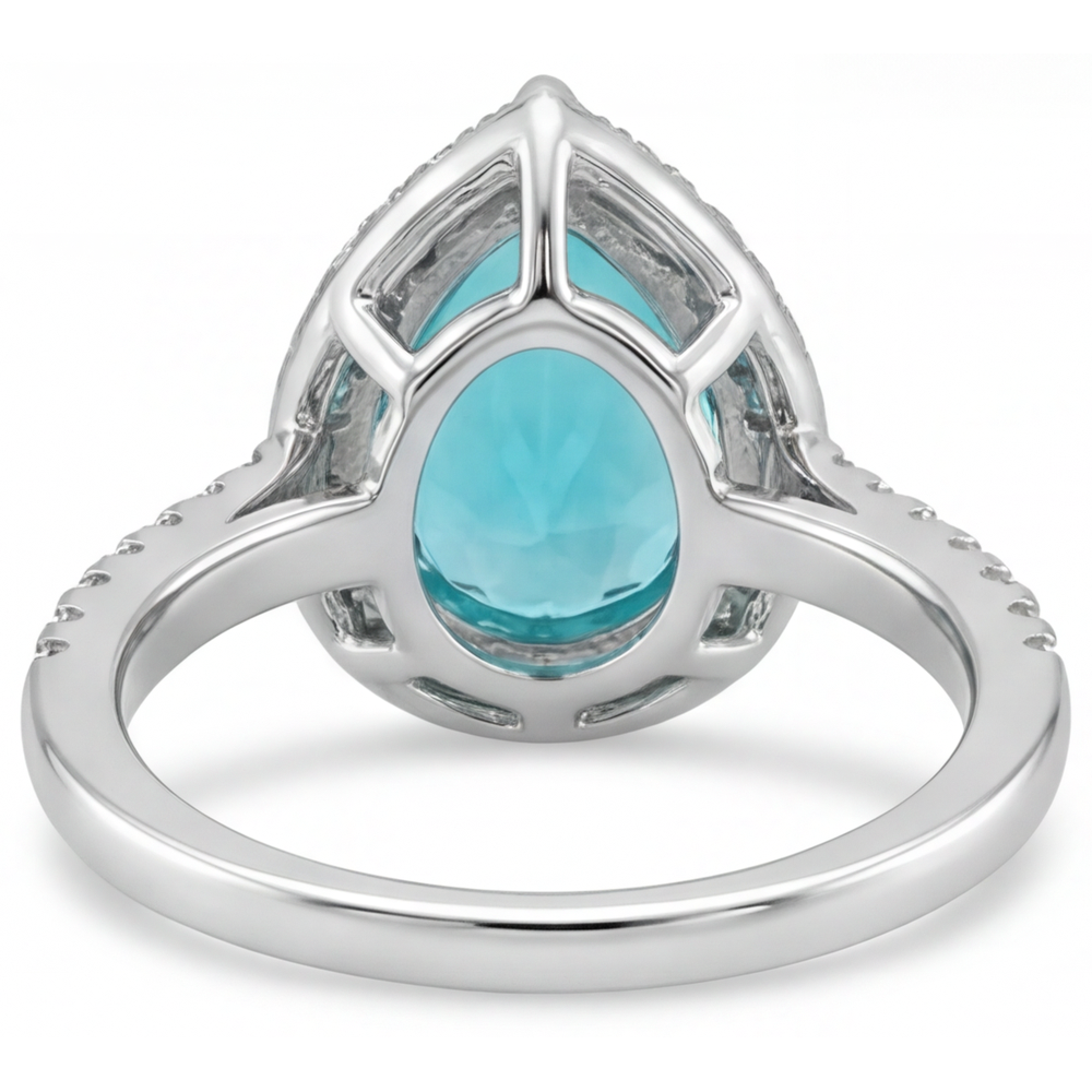 Neon Paraiba Birnen-Schliff Halo-Verlobungsring in 14 Karat Weißgold – Draufsicht