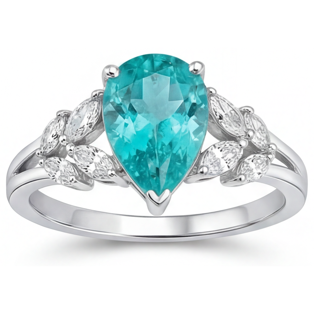 Naturreiner Neon Paraiba Schmuckstein-Ring 2 Karat 14K Weißgold – Frontansicht