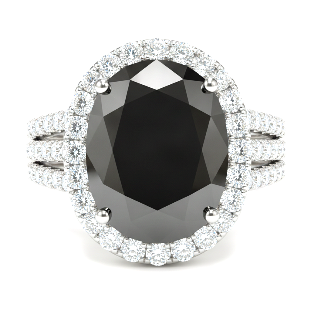 Verlobungsring mit echtem schwarzem Diamanten 6 Karat, ovaler Halo, 14 Karat Weißgold