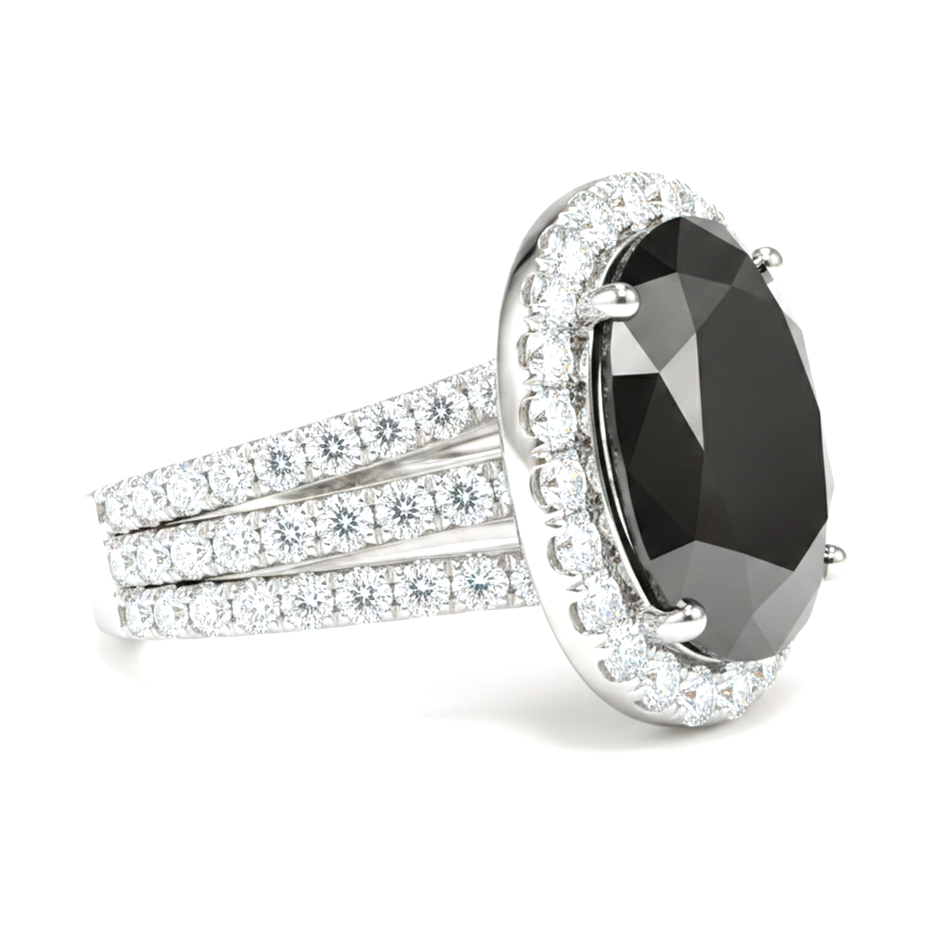 Verlobungsring mit echtem schwarzem Diamanten 6 Karat, ovaler Halo, 14 Karat Weißgold