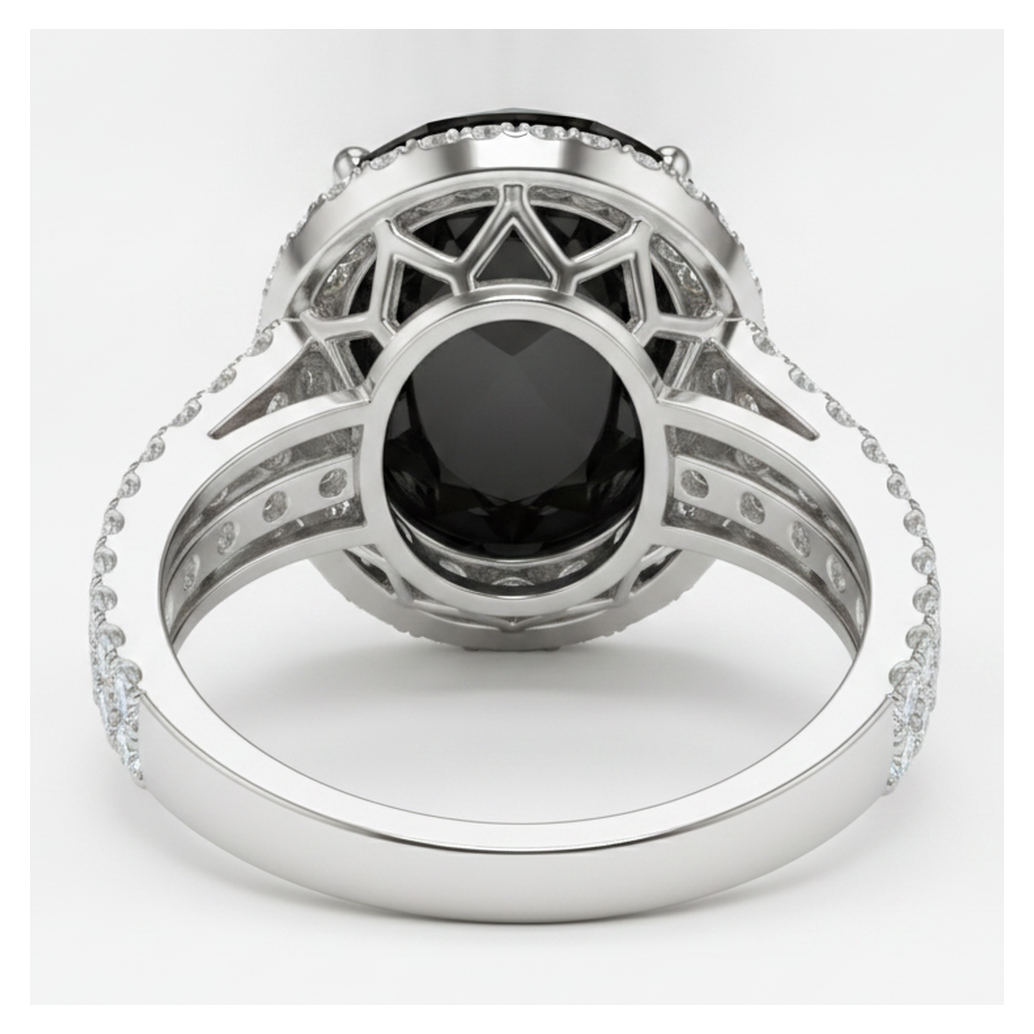 Verlobungsring mit echtem schwarzem Diamanten 6 Karat, ovaler Halo, 14 Karat Weißgold