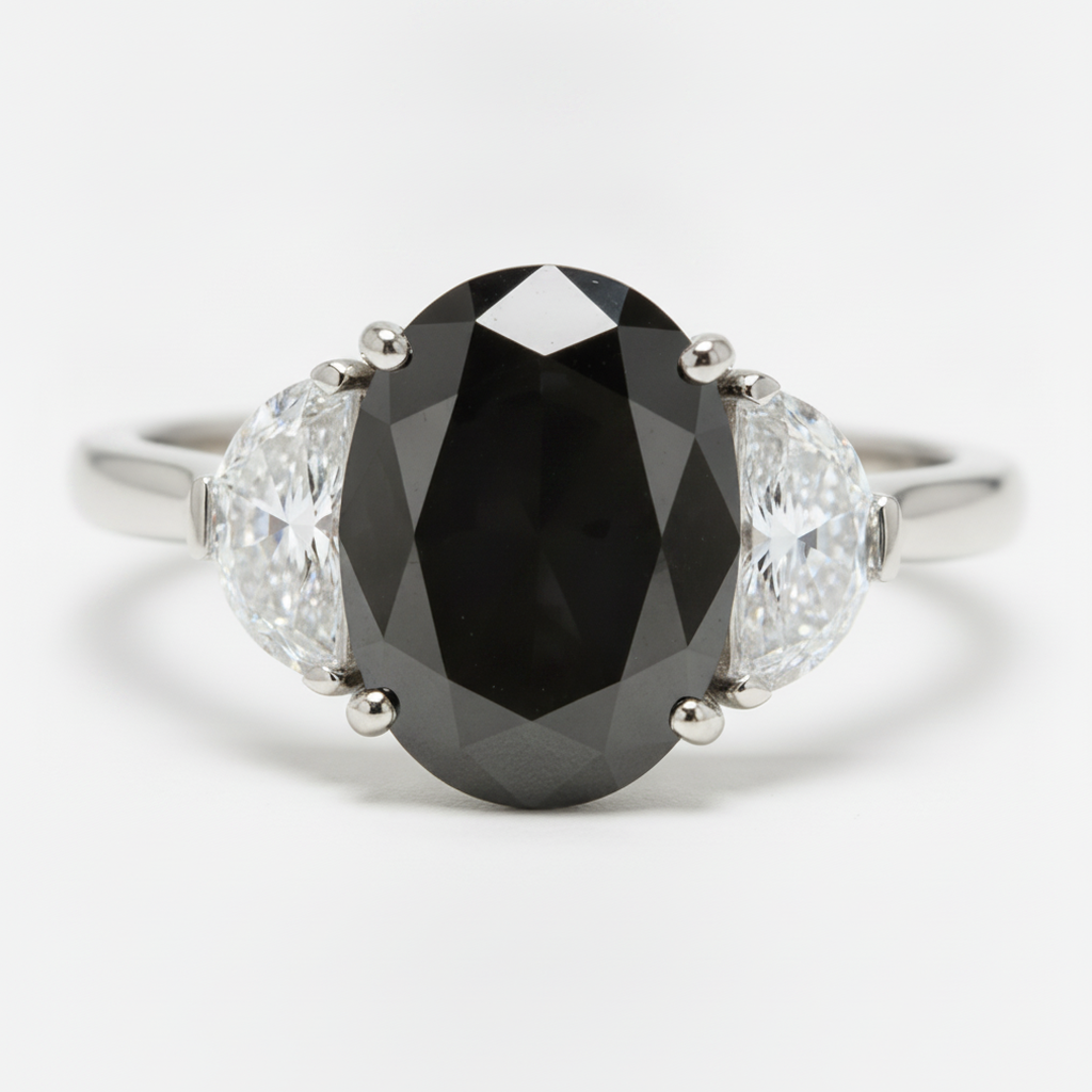 Ehering mit echtem schwarzem Diamanten 4,6 Karat Oval Halbmond Dreistein 14 Karat Weißgold