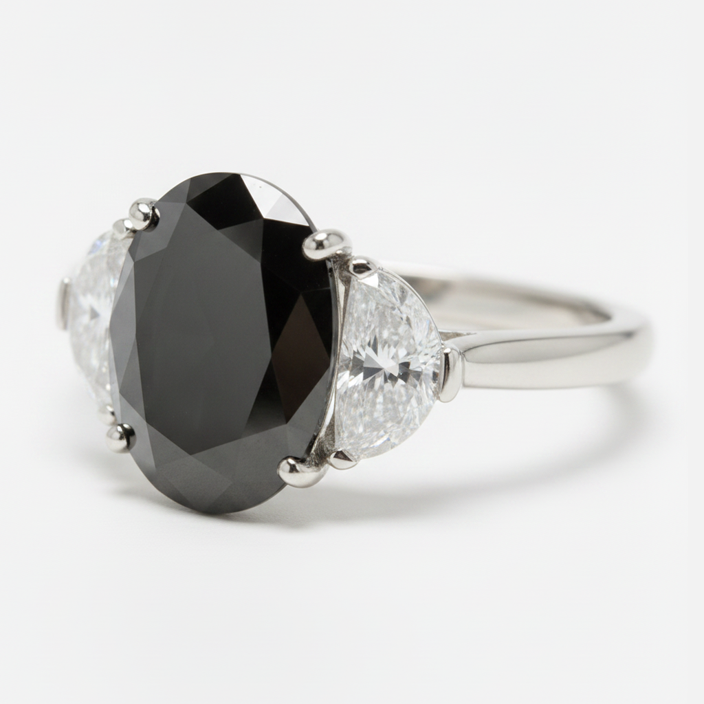 Ehering mit echtem schwarzem Diamanten 4,6 Karat Oval Halbmond Dreistein 14 Karat Weißgold