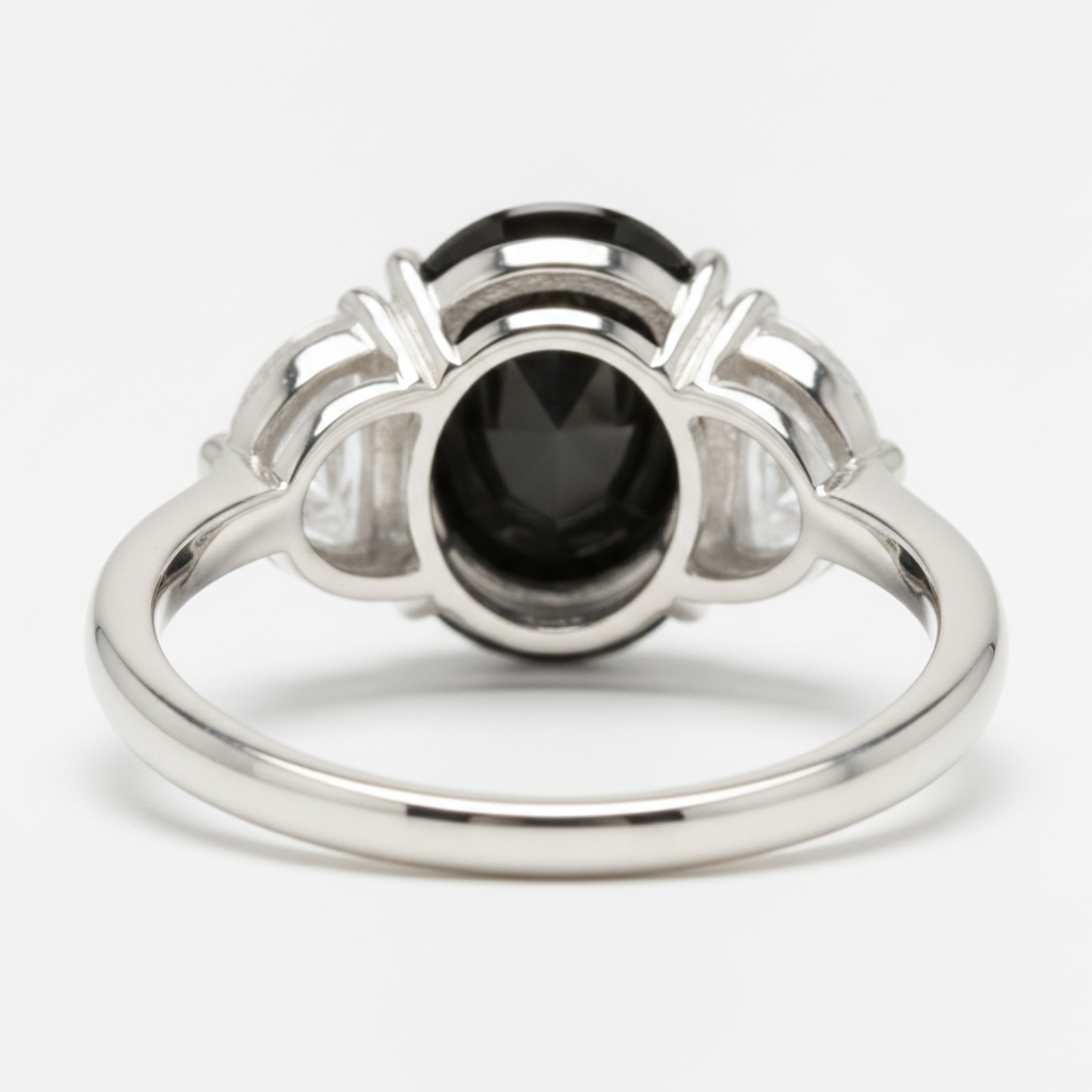 Ehering mit echtem schwarzem Diamanten 4,6 Karat Oval Halbmond Dreistein 14 Karat Weißgold