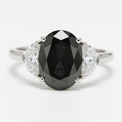 Ehering mit echtem schwarzem Diamanten 4,6 Karat Oval Halbmond Dreistein 14 Karat Weißgold