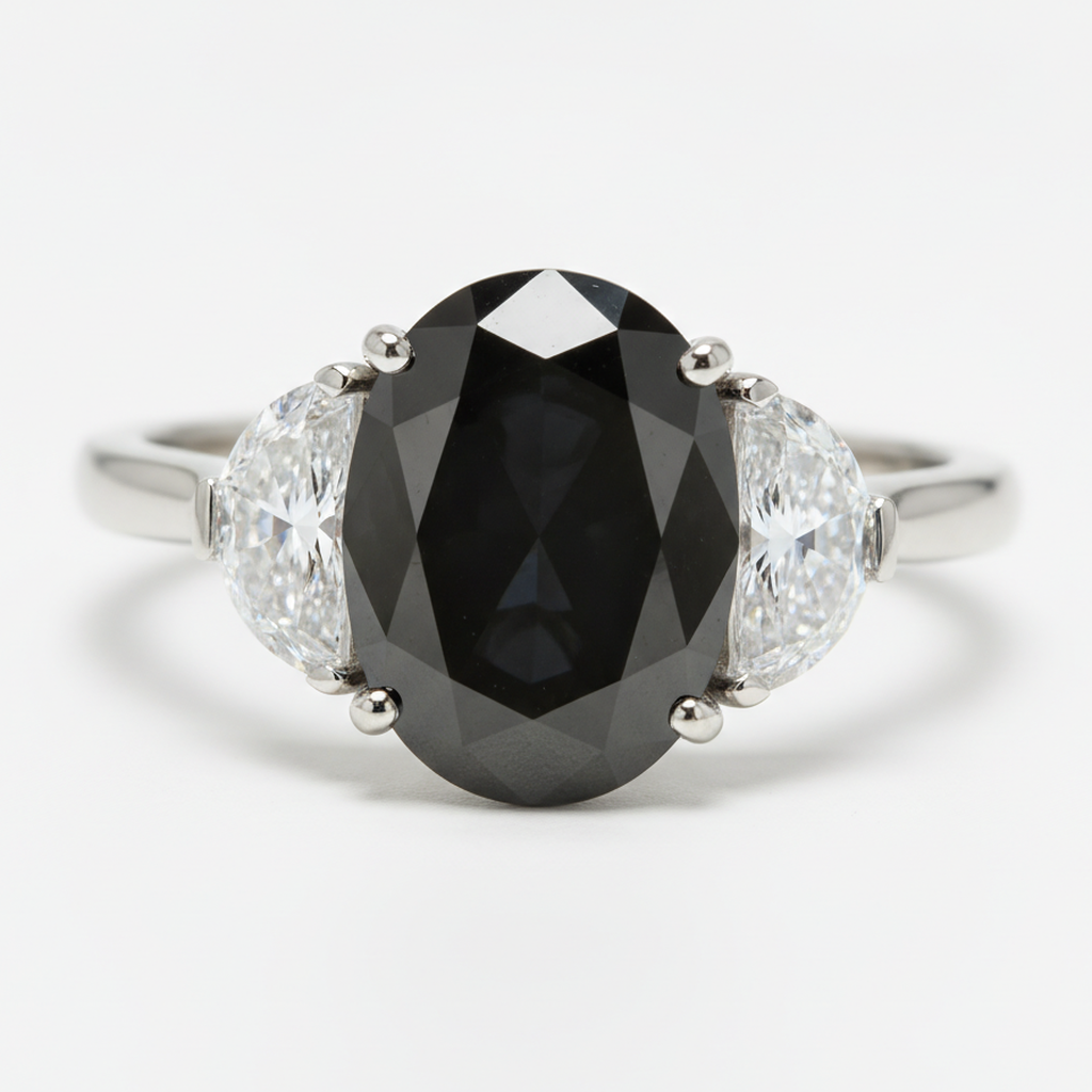 Ehering mit echtem schwarzem Diamanten 4,6 Karat Oval Halbmond Dreistein 14 Karat Weißgold