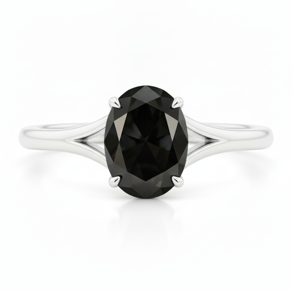Verlobungsring mit natürlichem schwarzem Diamanten, 5 Karat ovaler Solitär, Kathedralfassung, 14 Karat Weißgold