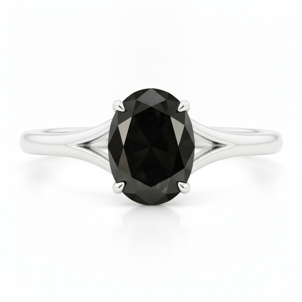 Verlobungsring mit natürlichem schwarzem Diamanten, 5 Karat ovaler Solitär, Kathedralfassung, 14 Karat Weißgold