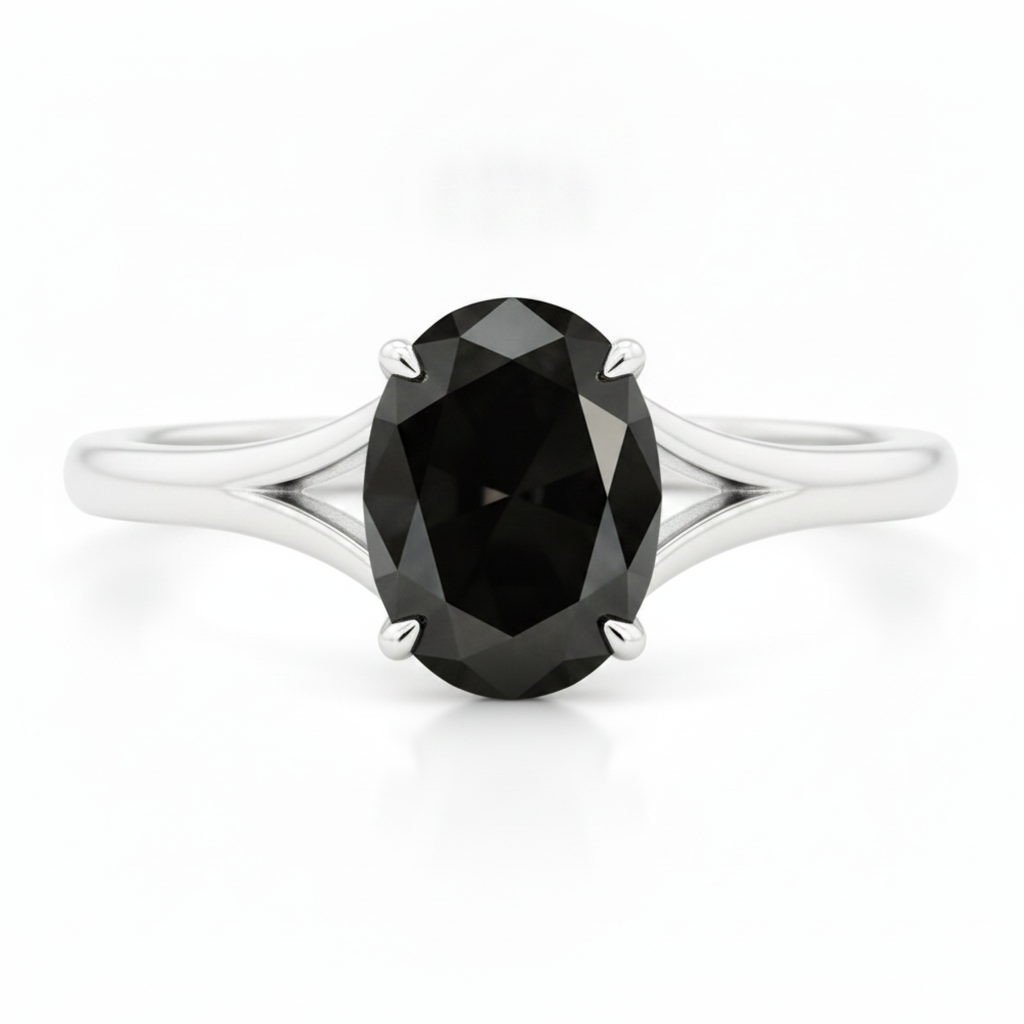Verlobungsring mit natürlichem schwarzem Diamanten, 5 Karat ovaler Solitär, Kathedralfassung, 14 Karat Weißgold