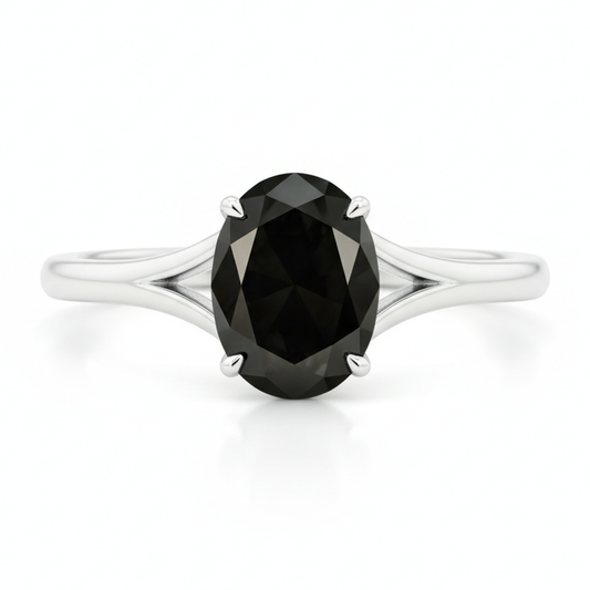 Verlobungsring mit natürlichem schwarzem Diamanten, 5 Karat ovaler Solitär, Kathedralfassung, 14 Karat Weißgold