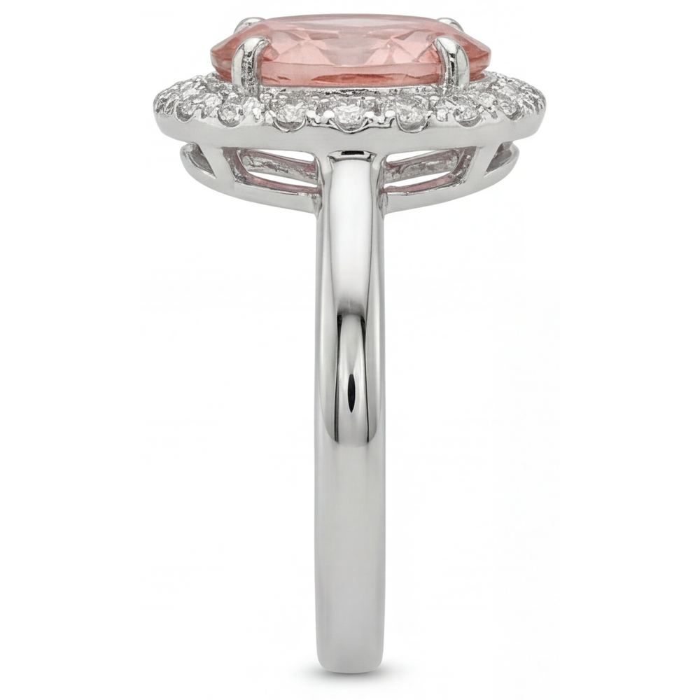 Padparadscha-Saphir-Ring, 4,3 Karat, im Labor gezüchtet, oval, Halo, 14 Karat Weißgold