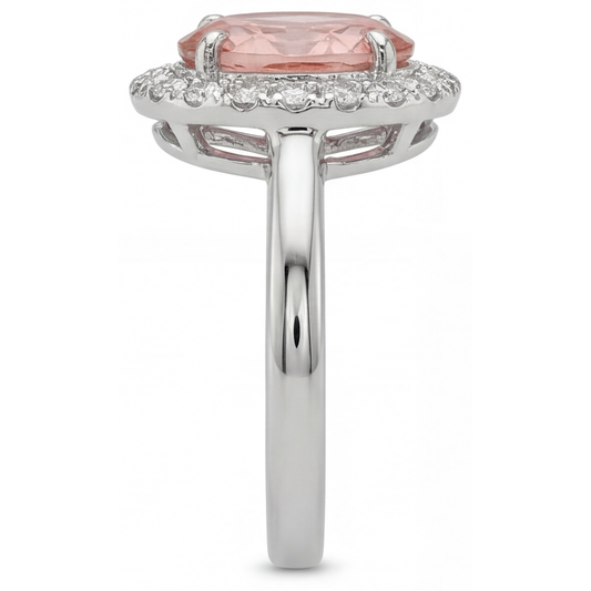 Padparadscha-Saphir-Ring, 4,3 Karat, im Labor gezüchtet, oval, Halo, 14 Karat Weißgold