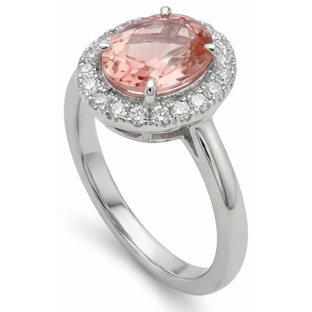 Padparadscha-Saphir-Ring, 4,3 Karat, im Labor gezüchtet, oval, Halo, 14 Karat Weißgold