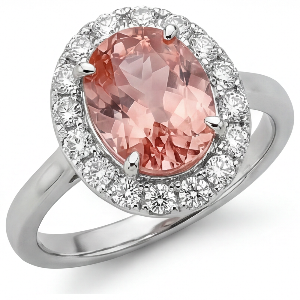 Padparadscha-Saphir-Ring, 4,3 Karat, im Labor gezüchtet, oval, Halo, 14 Karat Weißgold