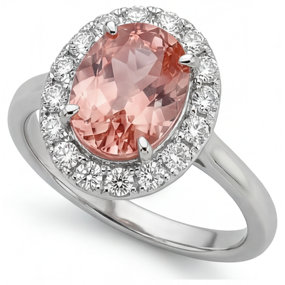 Padparadscha-Saphir-Ring, 4,3 Karat, im Labor gezüchtet, oval, Halo, 14 Karat Weißgold