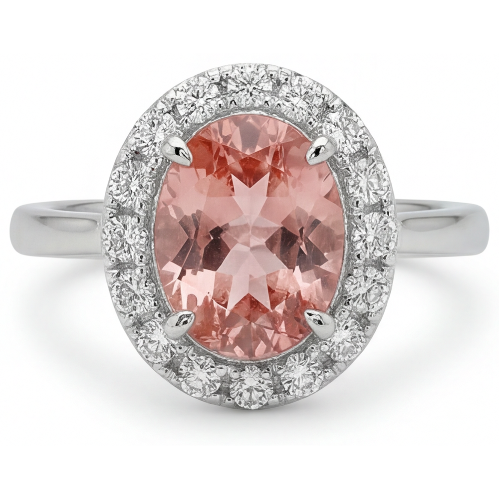 Padparadscha-Saphir-Ring, 4,3 Karat, im Labor gezüchtet, oval, Halo, 14 Karat Weißgold