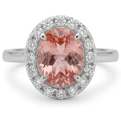 Padparadscha-Saphir-Ring, 4,3 Karat, im Labor gezüchtet, oval, Halo, 14 Karat Weißgold