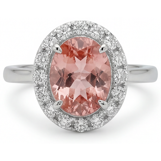 Padparadscha-Saphir-Ring, 4,3 Karat, im Labor gezüchtet, oval, Halo, 14 Karat Weißgold