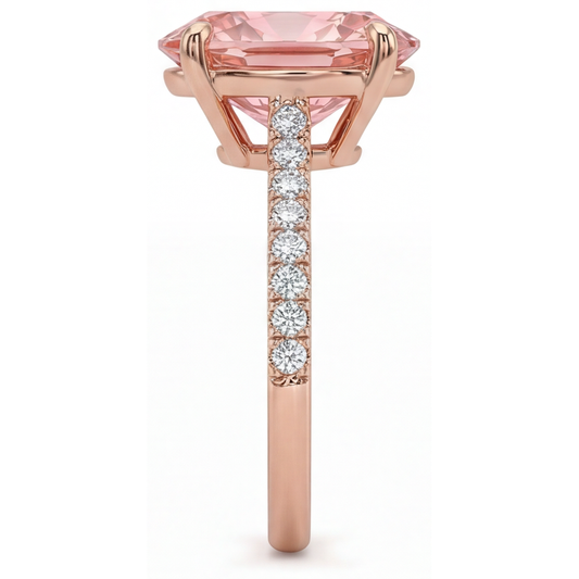 Padparadscha-Saphir-Ring 4,3 Karat im Labor gezüchtet Oval Pavé 14 Karat Roségold