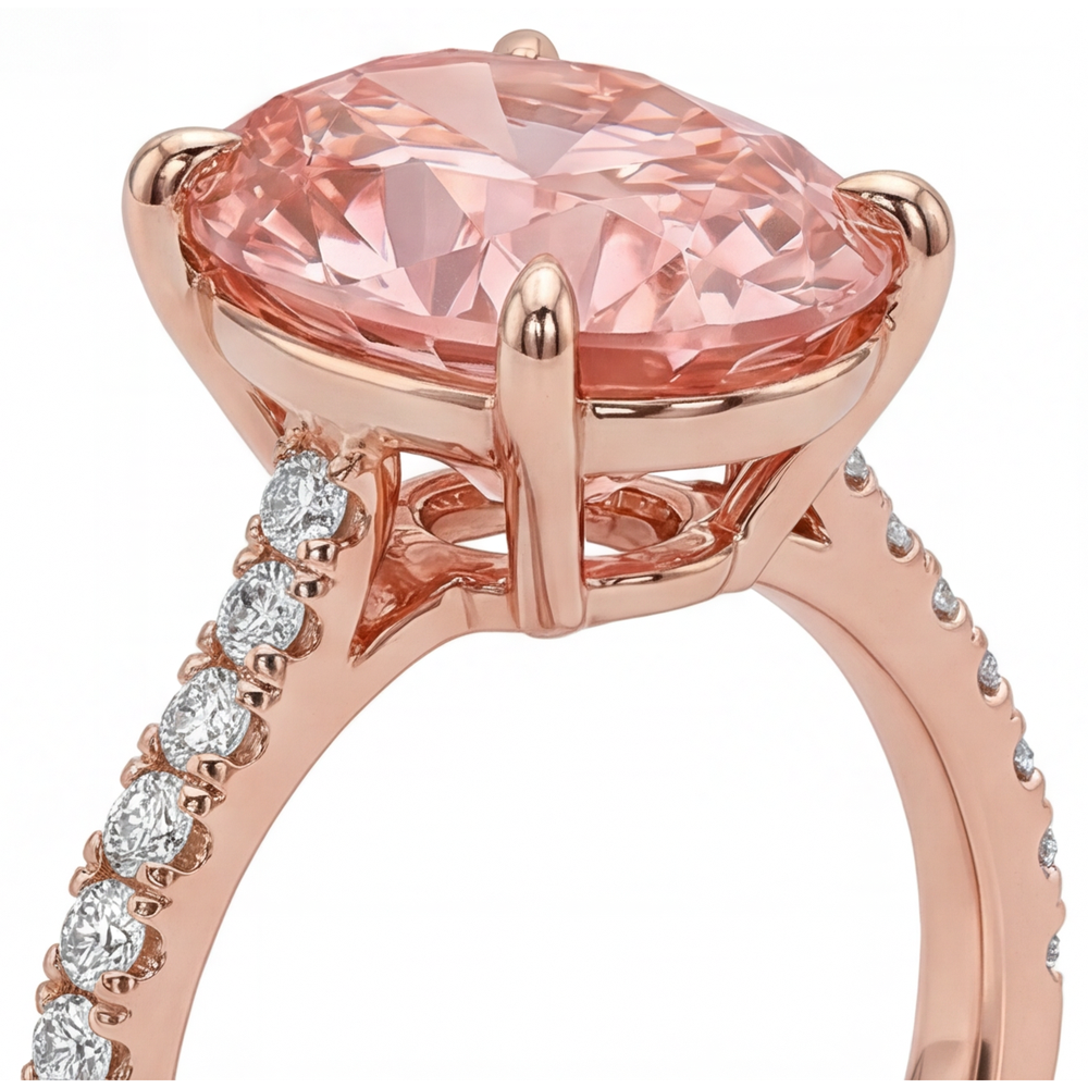 Padparadscha-Saphir-Ring 4,3 Karat im Labor gezüchtet Oval Pavé 14 Karat Roségold
