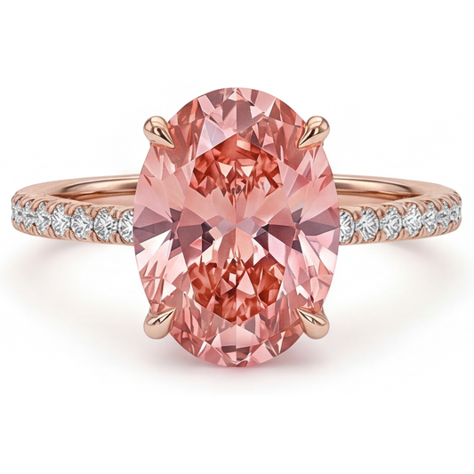 Padparadscha-Saphir-Ring 4,3 Karat im Labor gezüchtet Oval Pavé 14 Karat Roségold