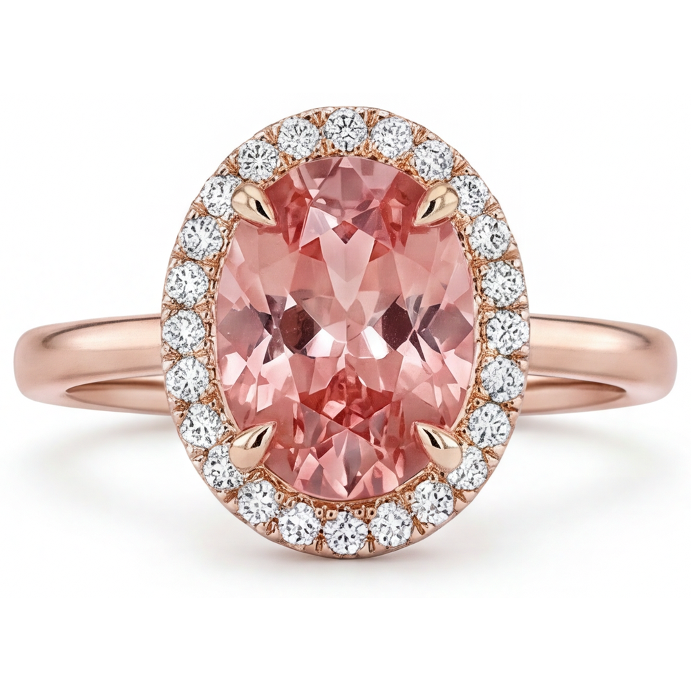 Pfirsich-Saphir-Ring 2,8 Karat Natürlicher Ovaler Padparadscha Halo Schlicht 14 Karat Roségold