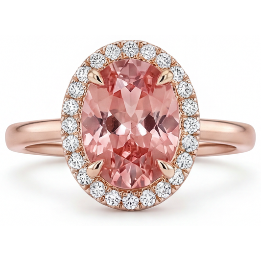 Pfirsich-Saphir-Ring 2,8 Karat Natürlicher Ovaler Padparadscha Halo Schlicht 14 Karat Roségold
