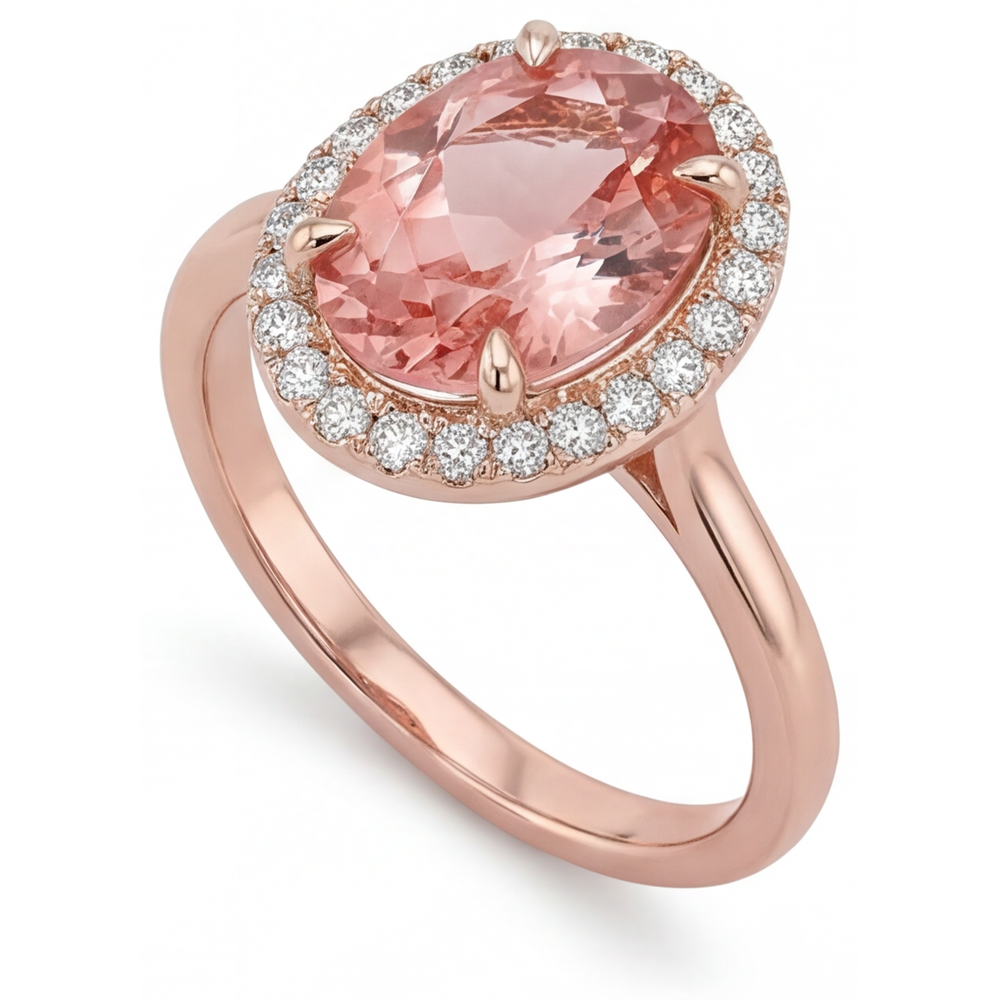 Pfirsich-Saphir-Ring 2,8 Karat Natürlicher Ovaler Padparadscha Halo Schlicht 14 Karat Roségold