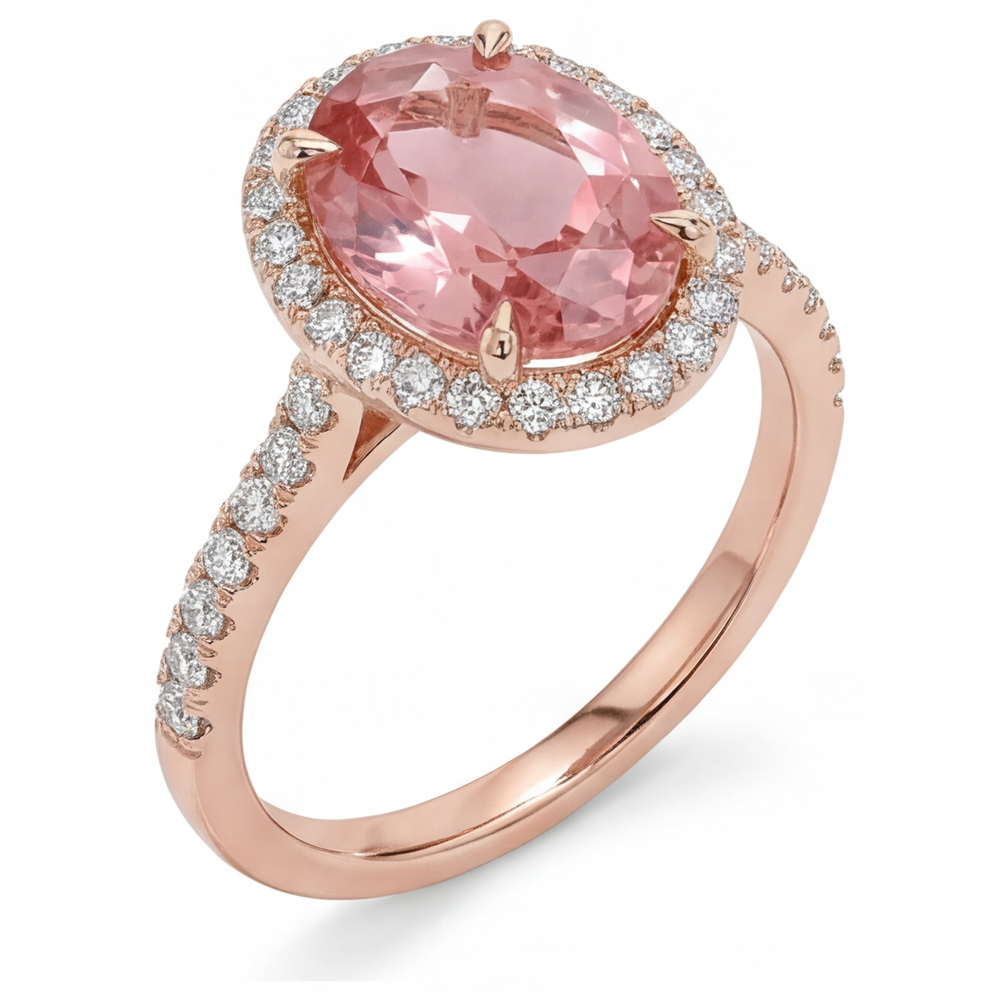 Vintage Padparadscha-Saphir-Ring 2,8 Karat Echter Oval Halo Pavé 14 Karat Roségold