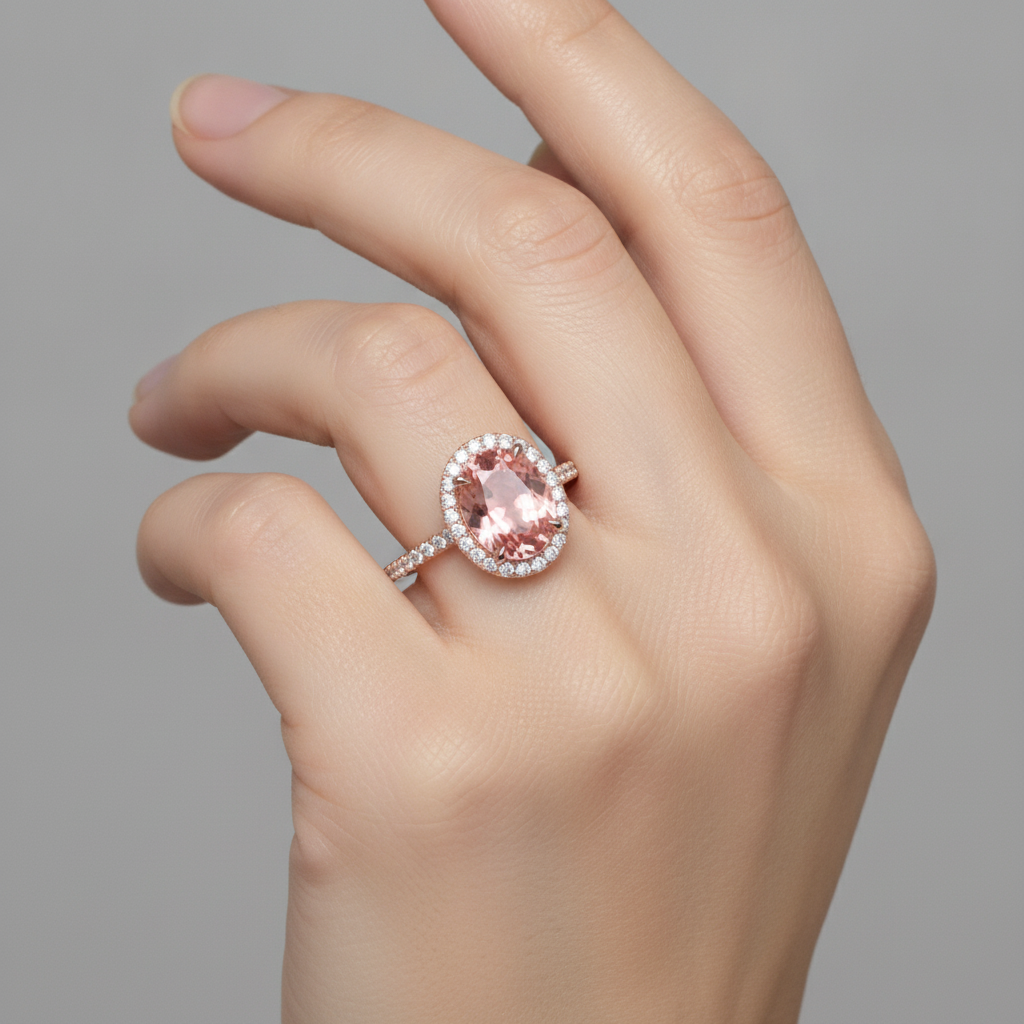 Vintage Padparadscha-Saphir-Ring 2,8 Karat Echter Oval Halo Pavé 14 Karat Roségold