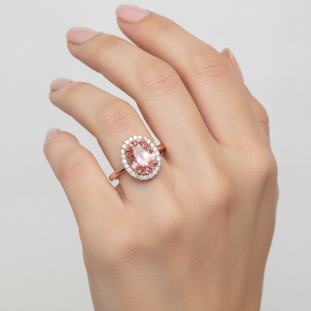 Pfirsich-Saphir-Ring 2,8 Karat Natürlicher Ovaler Padparadscha Halo Schlicht 14 Karat Roségold