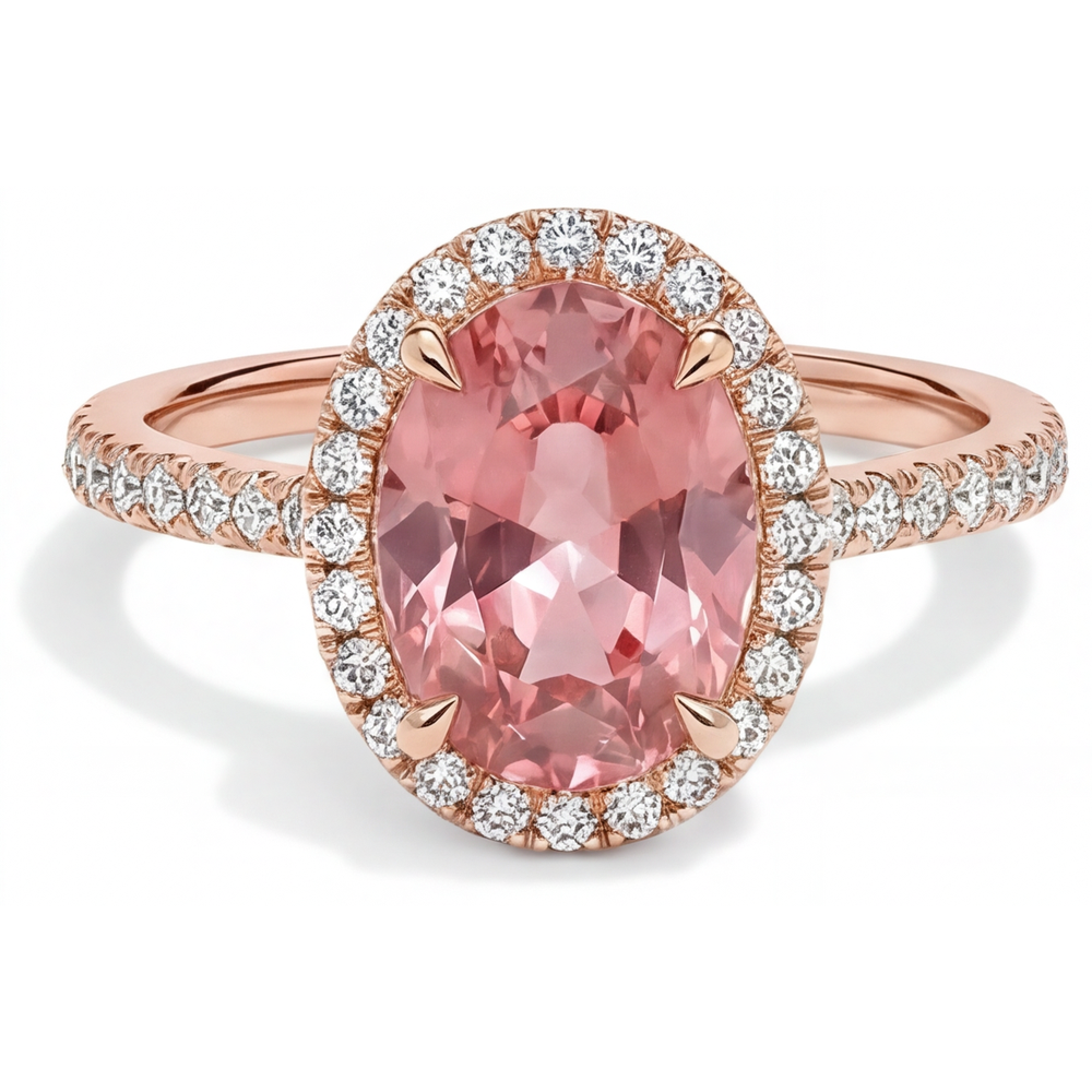 Vintage Padparadscha-Saphir-Ring 2,8 Karat Echter Oval Halo Pavé 14 Karat Roségold