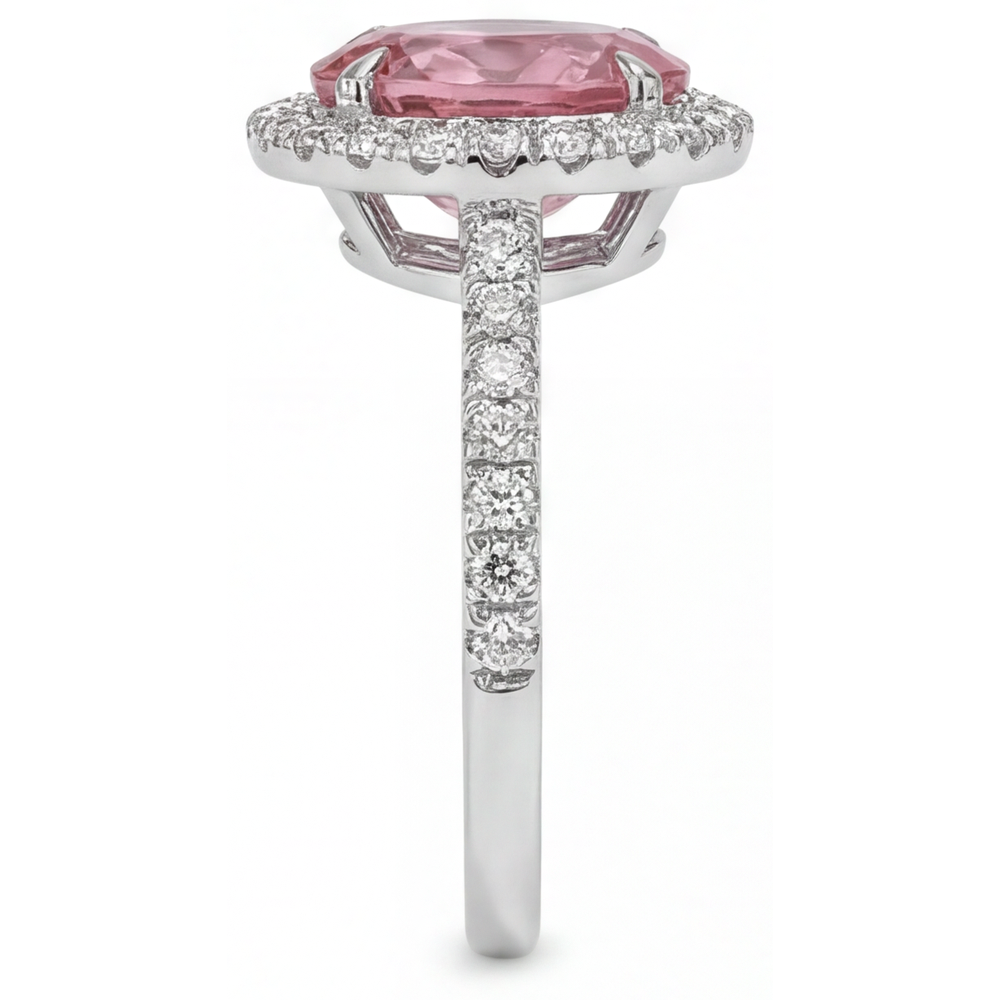 Pfirsichfarbener Saphir-Verlobungsring, 2,8 Karat, natürlicher ovaler Padparadscha, Halo, 14 Karat Weißgold