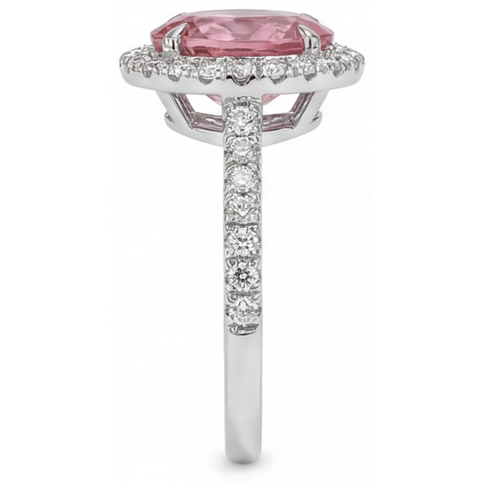 Pfirsichfarbener Saphir-Verlobungsring, 2,8 Karat, natürlicher ovaler Padparadscha, Halo, 14 Karat Weißgold