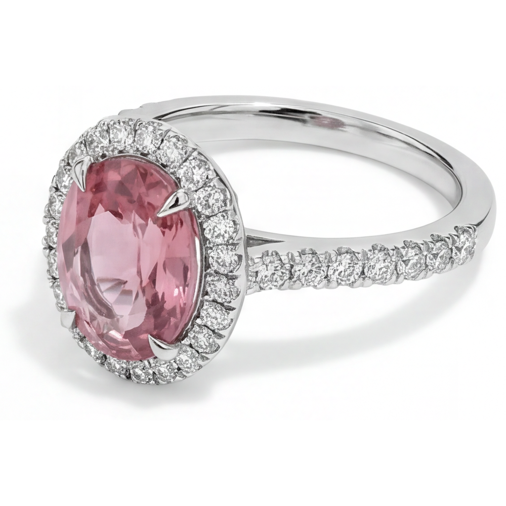 Pfirsichfarbener Saphir-Verlobungsring, 2,8 Karat, natürlicher ovaler Padparadscha, Halo, 14 Karat Weißgold