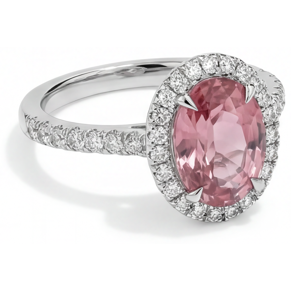 Pfirsichfarbener Saphir-Verlobungsring, 2,8 Karat, natürlicher ovaler Padparadscha, Halo, 14 Karat Weißgold