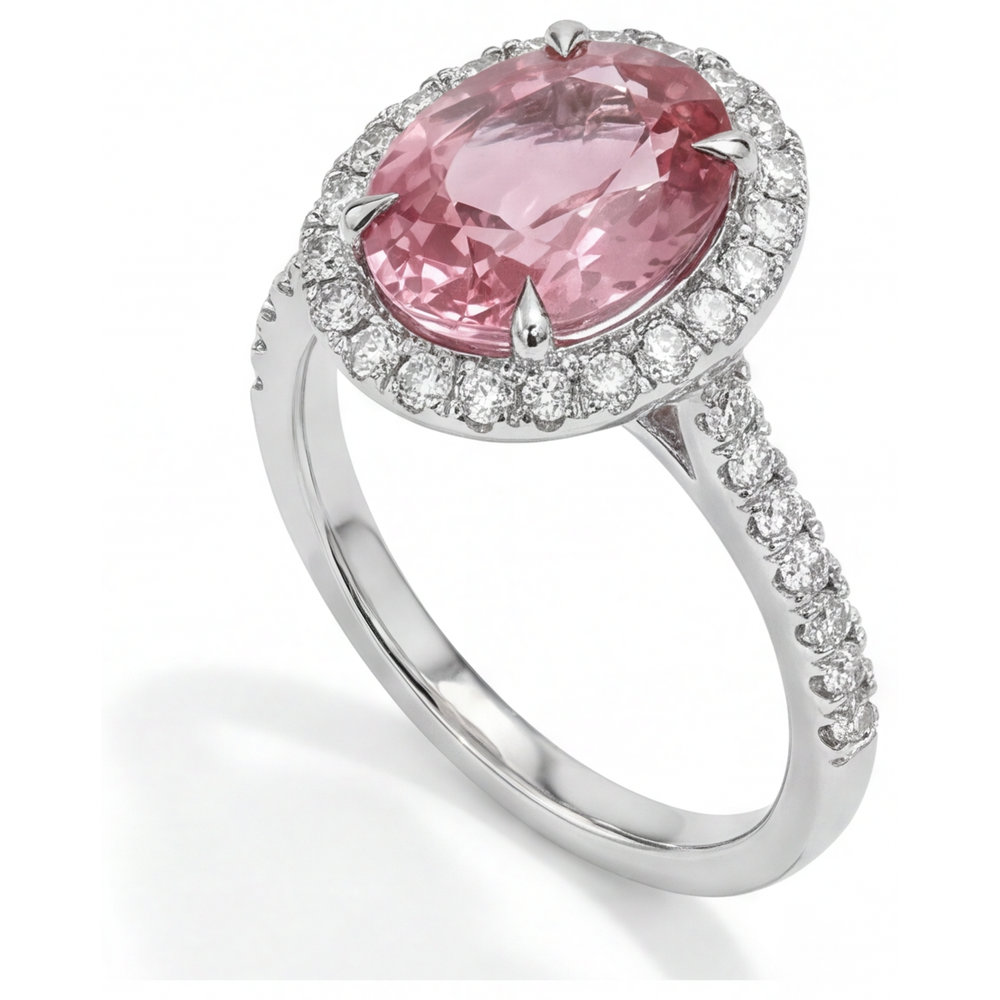 Pfirsichfarbener Saphir-Verlobungsring, 2,8 Karat, natürlicher ovaler Padparadscha, Halo, 14 Karat Weißgold