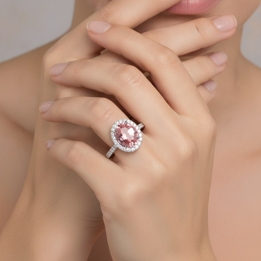 Pfirsichfarbener Saphir-Verlobungsring, 2,8 Karat, natürlicher ovaler Padparadscha, Halo, 14 Karat Weißgold
