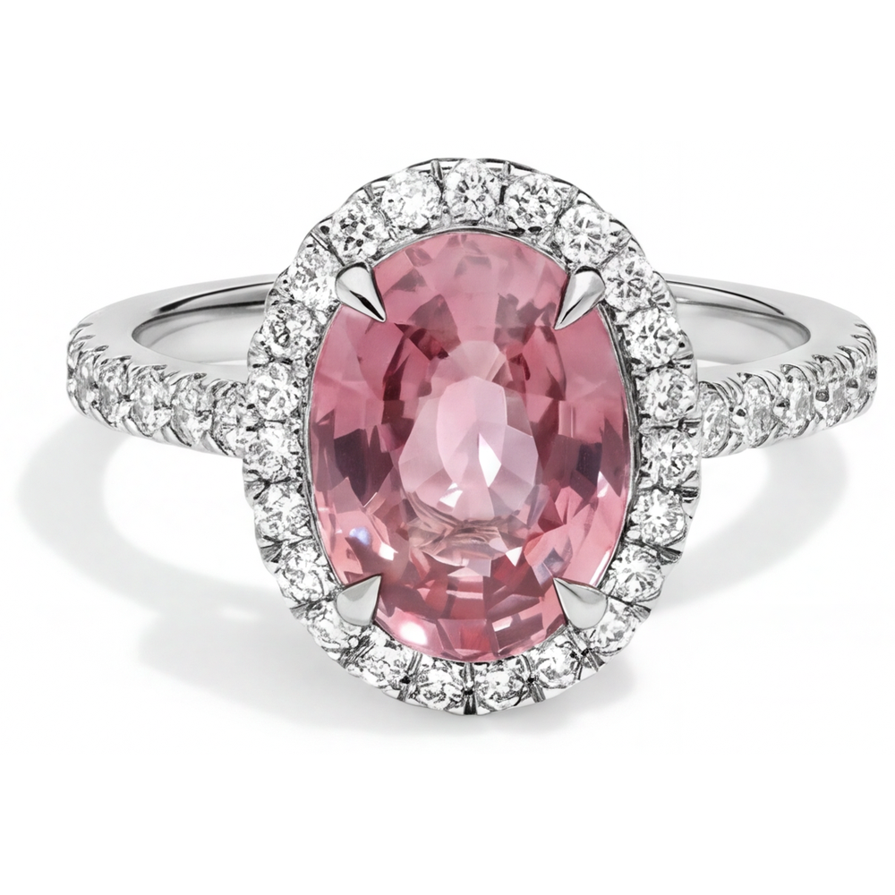 Pfirsichfarbener Saphir-Verlobungsring, 2,8 Karat, natürlicher ovaler Padparadscha, Halo, 14 Karat Weißgold