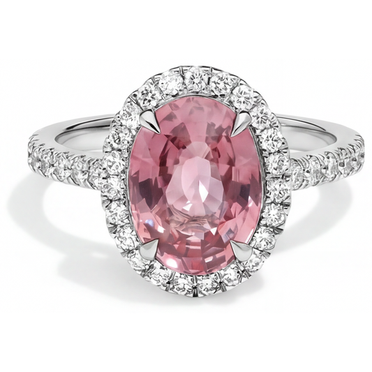 Pfirsichfarbener Saphir-Verlobungsring, 2,8 Karat, natürlicher ovaler Padparadscha, Halo, 14 Karat Weißgold