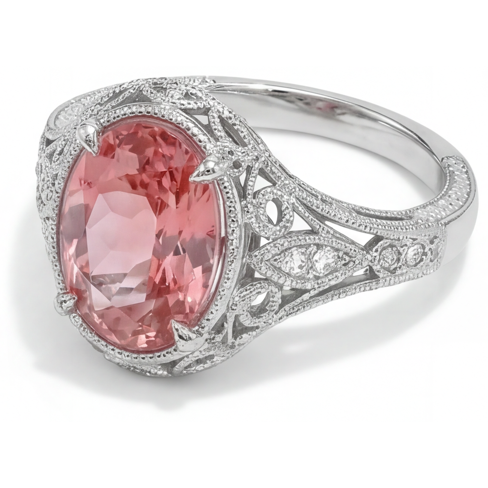 Natürlicher Padparadscha-Saphir-Ring 3,3 Karat Oval Pavé 14 Karat Weißgold