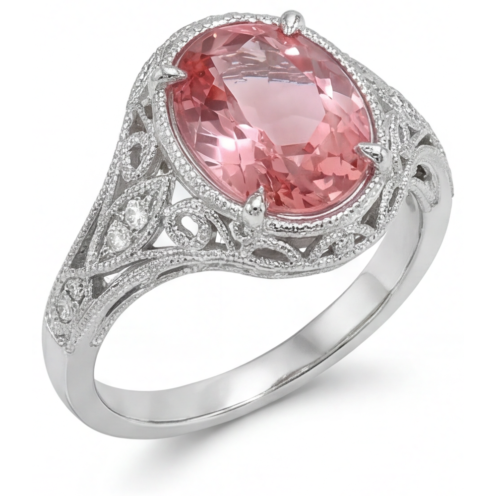 Natürlicher Padparadscha-Saphir-Ring 3,3 Karat Oval Pavé 14 Karat Weißgold