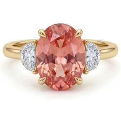 Dreistein-Ring aus 14 Karat Gelbgold mit echtem ovalem Padparadscha-Pfirsich-Saphir (2,9 Karat) und weißen Halbmonden