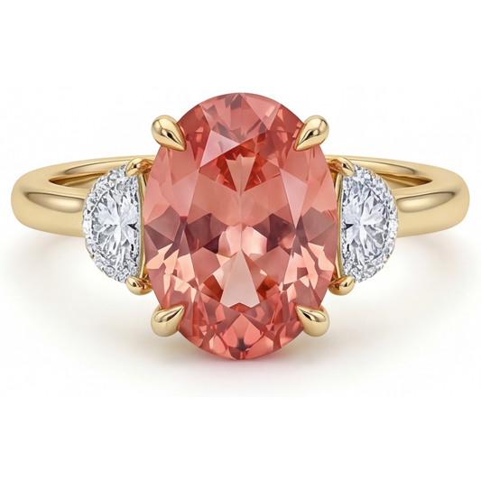 Dreistein-Ring aus 14 Karat Gelbgold mit echtem ovalem Padparadscha-Pfirsich-Saphir (2,9 Karat) und weißen Halbmonden