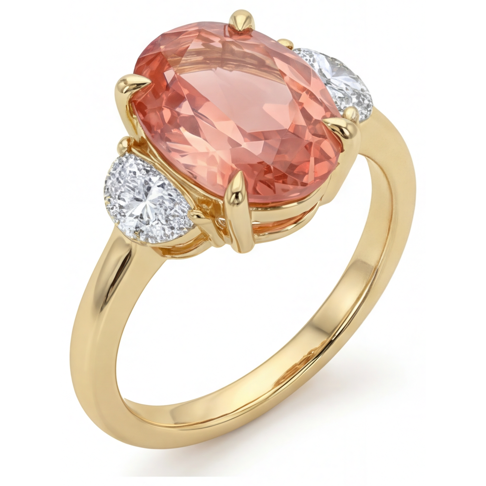 Dreistein-Ring aus 14 Karat Gelbgold mit echtem ovalem Padparadscha-Pfirsich-Saphir (2,9 Karat) und weißen Halbmonden