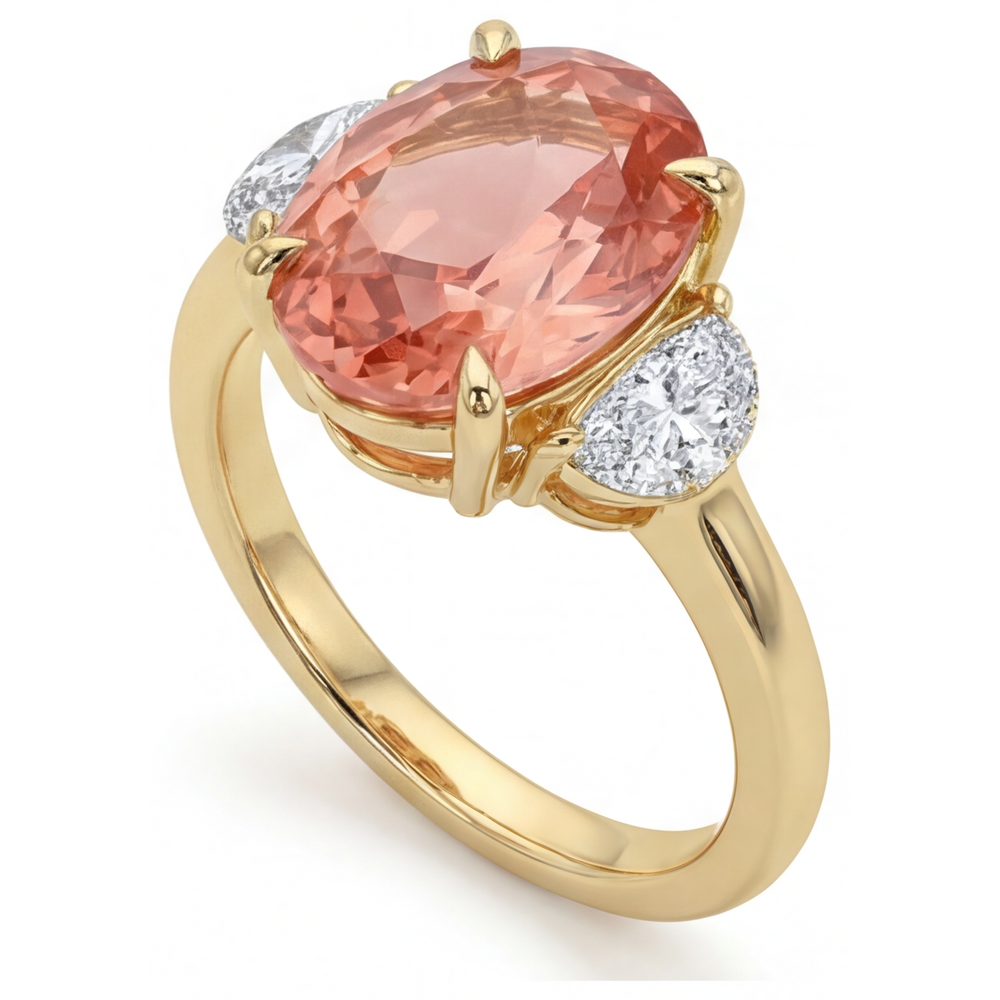 Dreisteinring aus 14 Karat Gelbgold mit echtem ovalem Pfirsich-Padparadscha-Saphir (2,9 Karat) und weißen Halbmonden