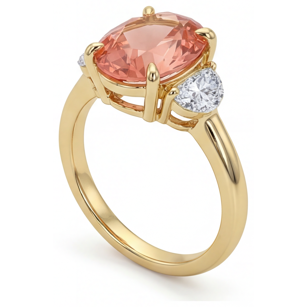 Pfirsich-Saphir-Verlobungsring 2,9 Karat, echter ovaler Padparadscha und weiße Halbmonde, Dreistein, 14 Karat Gelbgold