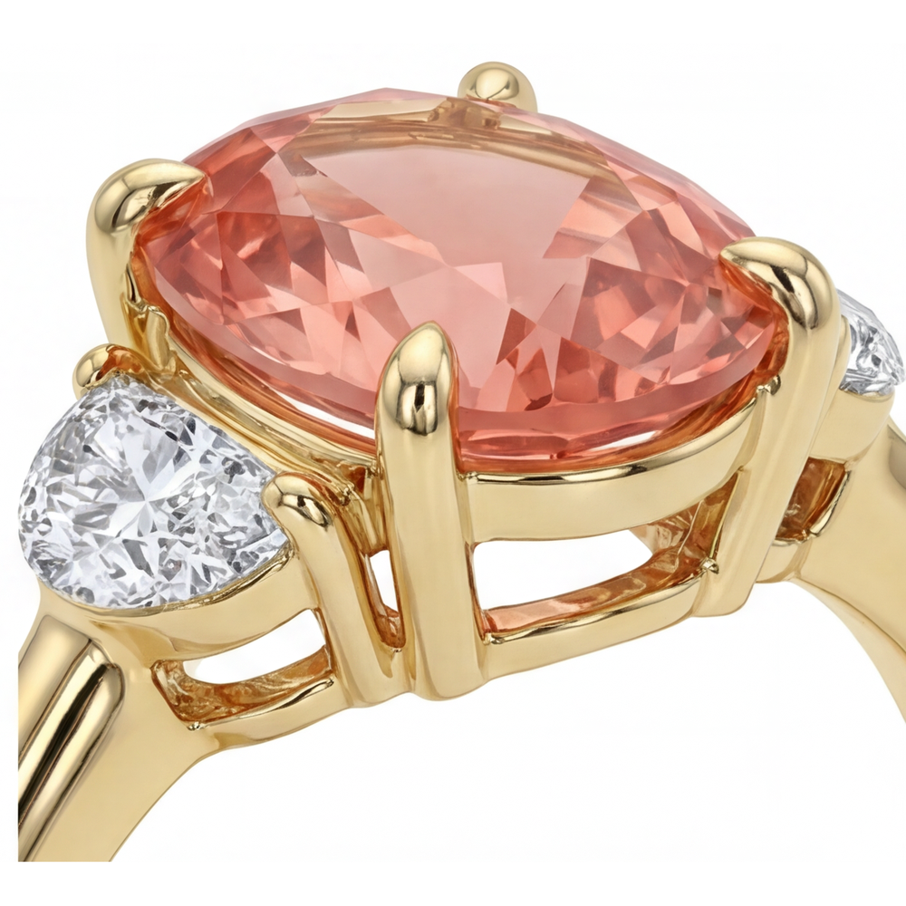 Pfirsich-Saphir-Verlobungsring 2,9 Karat, echter ovaler Padparadscha und weiße Halbmonde, Dreistein, 14 Karat Gelbgold