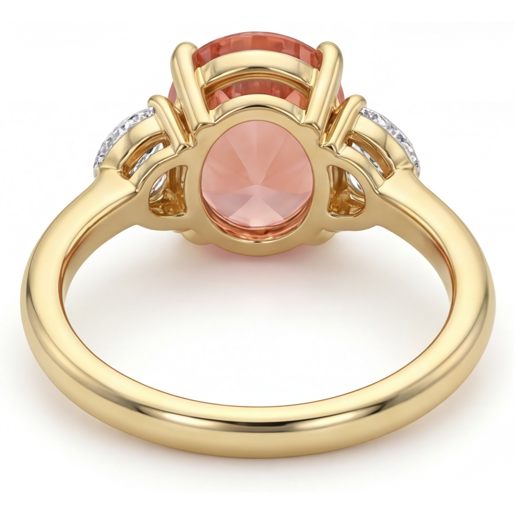 Pfirsich-Saphir-Verlobungsring 2,9 Karat, echter ovaler Padparadscha und weiße Halbmonde, Dreistein, 14 Karat Gelbgold